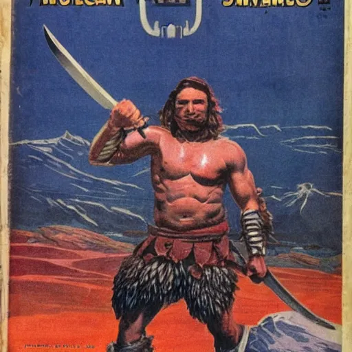 Prompt: muscular barbarian holding sword in right hand on mars science fiction pulp