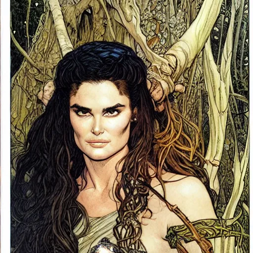 Image similar to a realistic, very beautiful and atmospheric portrait of young brooke shields as a druidic warrior wizard looking at the camera with an intelligent gaze by rebecca guay, michael kaluta, charles vess and jean moebius giraud