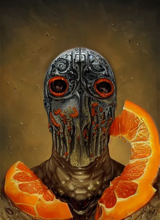 Image similar to orange slice mf doom reptile eyes, metal orange peel skin. intricate, elegant orange juice, highly detailed, centered, digital painting, artstation, concept art, smooth, sharp focus, illustration, artgerm, tomasz alen kopera, peter mohrbacher, donato giancola, joseph christian leyendecker, wlop, frank frazetta