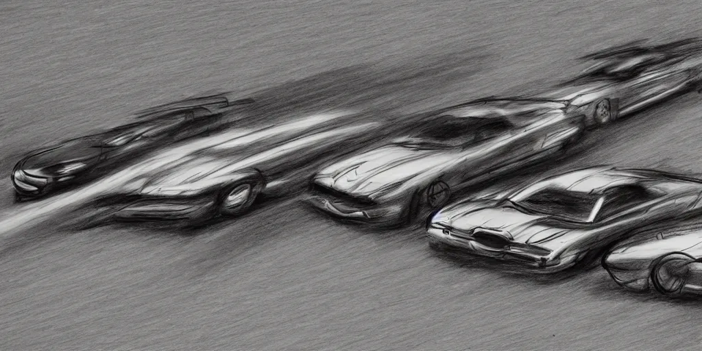 Image similar to a drawing of two cars drag racing in the middle of the night, realism, intense,