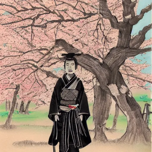 Image similar to samurai standing under a blossom tree