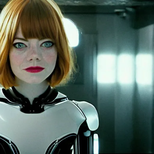 Image similar to movie still of robot emma stone, cinematic composition, cinematic light, criterion collection, by edgar wright