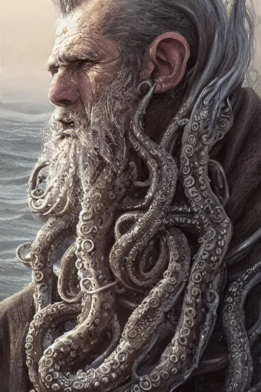 Image similar to portrait of an old fisherman with tentacles growing on him, eldritch, d & d, face, fantasy, intricate, elegant, highly detailed, digital painting, artstation, concept art, smooth, sharp focus, illustration, art by greg rutkowski