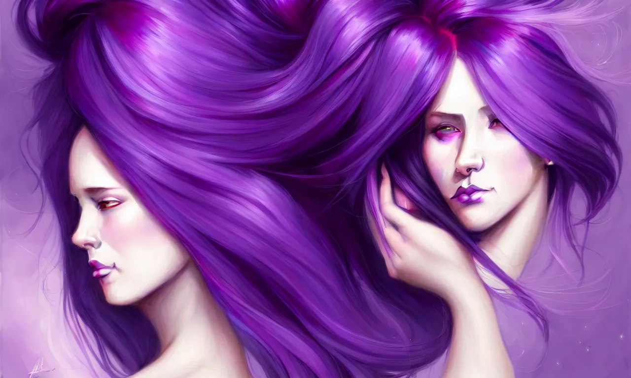 Image similar to Purple hair relistic Portrait of a three woman with bright colored flying hair, all shades of purple. Beauty face, Hair coloring, fantasy, intricate, elegant, highly detailed, digital painting, artstation, concept art, smooth, sharp focus, illustration, art by artgerm and greg rutkowski and alphonse mucha