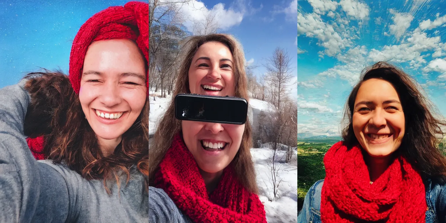 Prompt: a smiling women taking a zoomed out selfie, hyper realistic photography, highly detailed, sharp focus, good vibes, realistic, highly detailed attribute, award winning, art by portrait realistic illustrators, wearing a red scarf