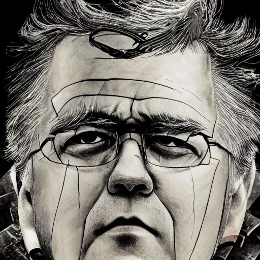 Image similar to Yoshitaka Amano realistic illustration of jeb bush ,hair fluttering in the wind, cracks on his face wearing Elden ring armour with engraving, abstract black and white patterns on the background, noisy film grain effect, highly detailed, Renaissance oil painting, weird portrait angle, blurred lost edges, three quarter view