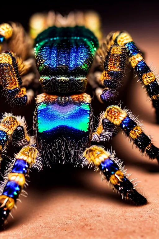 Image similar to high quality macro photo rococo iridescent tarantula! jewelled gorgeous! highly detailed david ligare elson peter cinematic blue neon lighting high quality low angle hd 8k sharp shallow depth of field