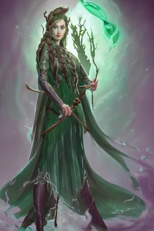 Prompt: a muse of beauty, Elf Queen Nissa Genesis Mage, green eyes, long flowing braided hair, mostly green and leather robe armor, king magical staff, young female face, green magic, cinematic top lighting, insanely detailed and intricate, face by wlop, Charlie Bowater, golden ratio, symmetric, elegant, ornate, luxury, elite, matte painting, MTG, magic the gathering, cinematic, cgsociety, 8k, high resolution,