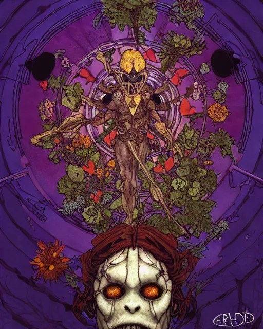 Image similar to the platonic ideal of flowers, rotting, insects and praying of cletus kasady carnage thanos davinci nazgul wild hunt chtulu mandala ponyo botw bioshock, d & d, fantasy, ego death, decay, dmt, psilocybin, concept art by randy vargas and greg rutkowski and ruan jia and alphonse mucha