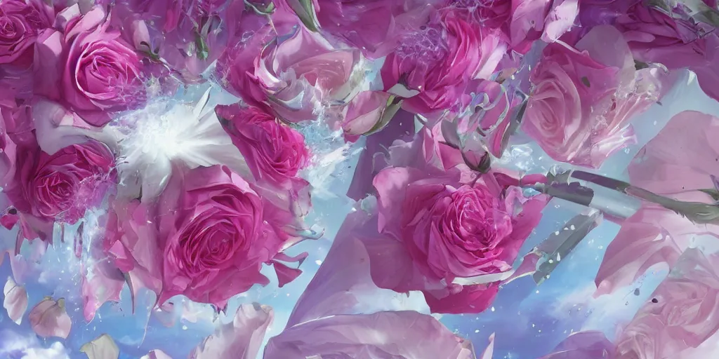 Image similar to background art of magic invisible blade slicing through a bouquet of white and pink roses, flowers exploding and spraying and splattering, big puffy clouds, exploding roses, large rose petals, lotus petals, large polygonal background elements, large polygons, dramatic anime, dramatic radiant lighting, artgerm, manga, trending on artstation, art nouveau, mature colors