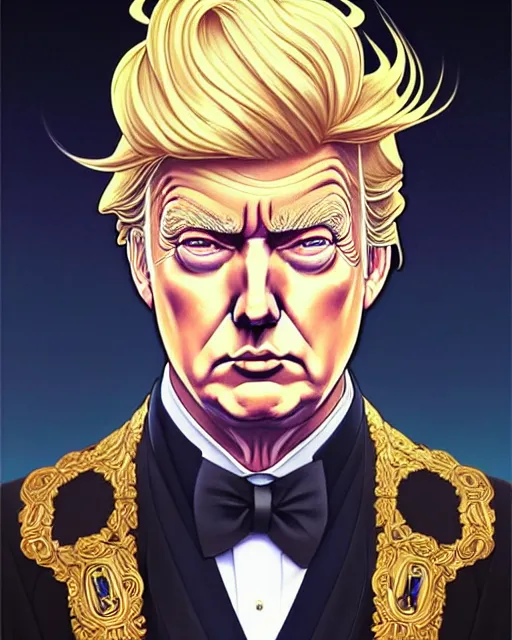 Image similar to symmetry!!!!!! beautiful donald trump anime summer president close portrait, wearing ornate clothing, ultra detailed, elegant, intricate, anime, dynamic lighting, dnd, glowing lights, digital art, digital painting, artstation, wlop, sharp focus, illustration, art by artgerm and greg rutkowski and alphonse mucha, 8 k