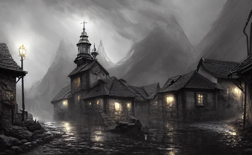 Image similar to extreme long shot concept art depicted rainy old austrian village, high details, dramatic mood, deep environment, art by legends of runeterra and tomasz jedruszek and gabor szikszai, trending on artstation, unreal engine, 8 k, 4 k