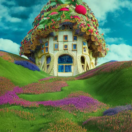 Image similar to a beautiful detailed surreal houses made from flowers in a serene landscape, Edmund Dulac, Jacek Yerka, landscape photography composition,vivid colors,octane render,redshift render :1