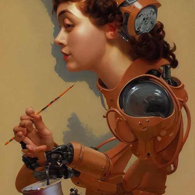 Image similar to robot artist painting a self - portrait on a canvas. intricate, highly detailed, digital matte painting in the style of sachin teng, and in the style of hans thoma, and in the style of gil elvgren. irony, recursion, inspiration.