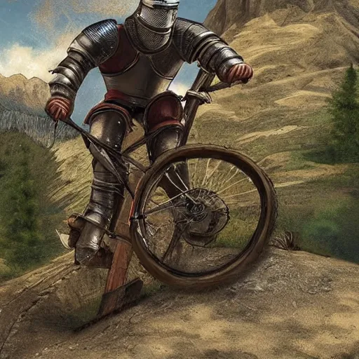 Image similar to a medieval knight riding a mountain bike in photorealistic style