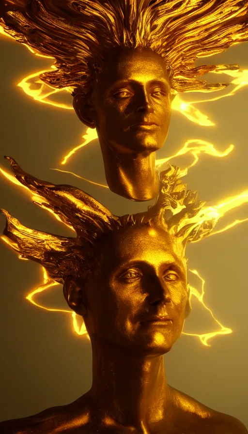 Image similar to a surreal painting of a god made of golden fire, octane renderer, unreal engine, 3 d hyper realistic, volumetric lighting