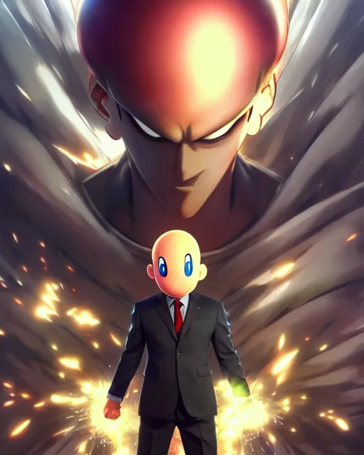 Image similar to gigachad luigi charging ultimate attack like saitama wearing a suit in the city, fantasy character portrait, ultra realistic, anime key visual, concept art, intricate details, highly detailed by yusuke murata, greg rutkowski, ilya kuvshinov, gaston bussiere, craig mullins, simon bisley