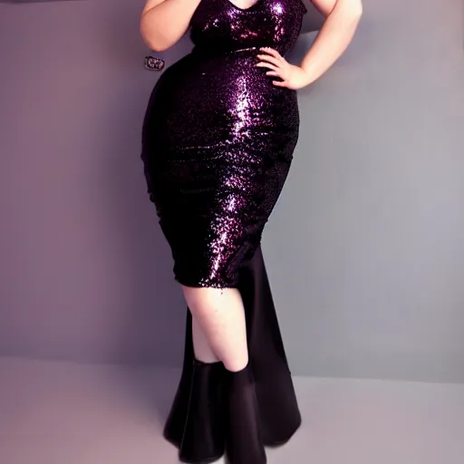 Image similar to curvy feminine hot goth cutie in a sublime elegant polished sequined black latex neck-high or tube-top floor length gown with purple accents, thin waist, cgsociety, photorealistic, comfy ambience, idealistic, 16k, smooth, sharp focus, trending on ArtStation, volumetric lighting, fully clothed, worksafe