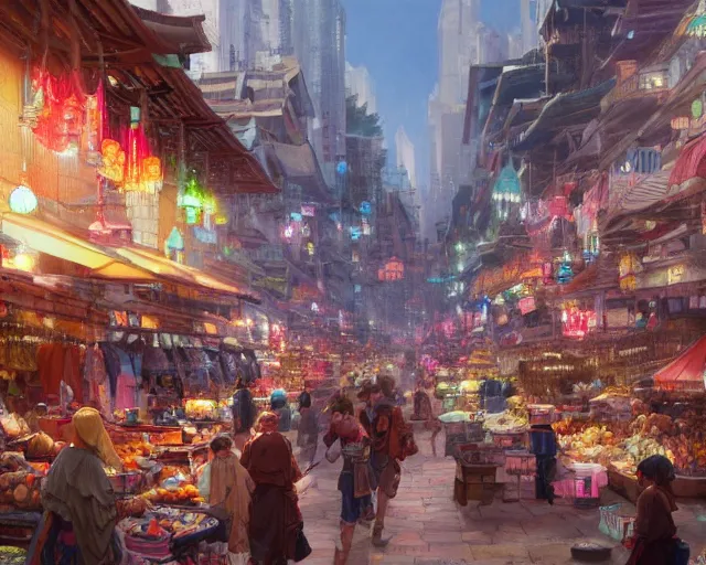 Image similar to colorful, bustling marketplace in a great kitsune city, a fantasy digital painting by Greg Rutkowski and James Gurney, trending on Artstation, highly detailed