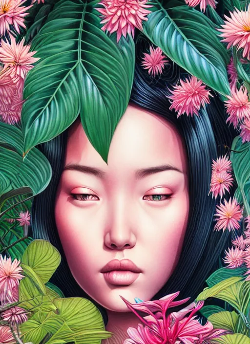 Image similar to gigantic girl head, a lot of exotic vegetation, trees, flowers by junji ito, tristan eaton, victo ngai, artgerm, rhads, ross draws, hyperrealism, intricate detailed