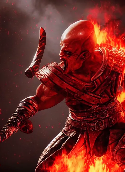 Prompt: red left eye paint stripe armored screaming kratos rocking out on a flaming stratocaster guitar, cinematic render, god of war 2 0 1 8, playstation studios official media, lightning, flames, clear, coherent