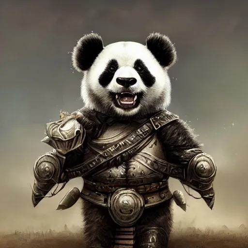 Prompt: very cute and happy warrior panda in armor, eerie, intricate, highly detailed, sorrow, dramatic, emotional, proud, matte painting, award - winning art, cute, happy, trending on artstation, digital art, 8 k