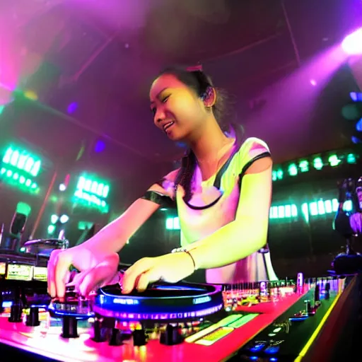 Image similar to DJ Bhumibol spinning turntables during edm concert, photo, close-up, high quality