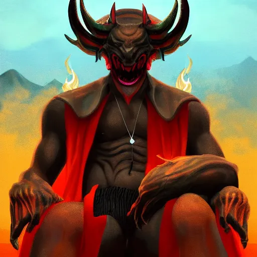 Prompt: A Male Devil sits on a throne and wears a swimming tuxedo , hell, landscape, fire, environment, Artstation