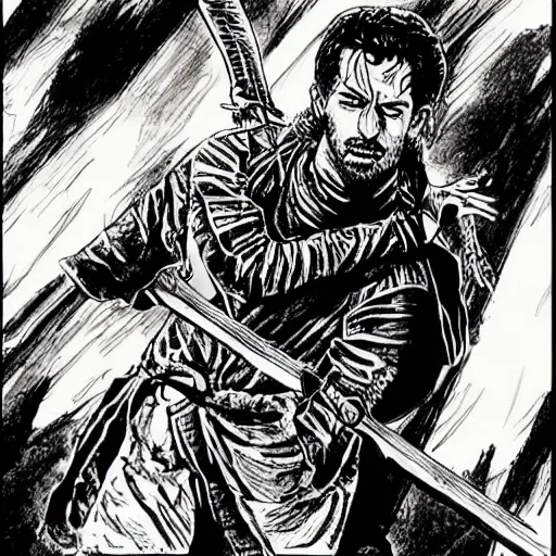 Image similar to pen and ink!!!! attractive 22 year old deus ex Frank Zappa x Ryan Gosling golden!!!! Vagabond!!!! magic swordsman!!!! glides through a beautiful battlefield magic the gathering dramatic esoteric!!!!!! pen and ink!!!!! illustrated in high detail!!!!!!!! by Hiroya Oku!!!!!!!!! Written by Wes Anderson graphic novel published on shonen jump MTG!!! 2049 award winning!!!! full body portrait!!!!! action exposition manga panel