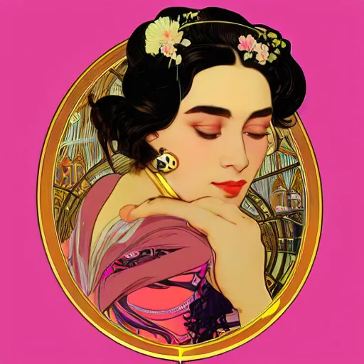 Prompt: vector illustration of an over bronzed instagram influenza girl, vulgar, siliconized, plastic surgery, big but, tight leggin, black smooth hairs, too much make - up, pink big lips, selfie, artstation, sharp focus, art by gustav klimt - alphonse mucha