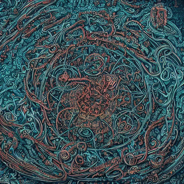 Prompt: a intricate mandala of skulls and flesh and bone with deep and intricate rune carvings and weaving lovecraftian tentacles by dan mumford, space nebula, twirling smoke trails, a twisting vortex of dying galaxies, collapsing stars, digital art, photorealistic, vivid colors, highly detailed, intricate