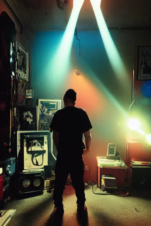 Prompt: agfa vista 4 0 0 photograph of a guy standing in a cluttered 9 0 s goth punk rock bedroom, back view, synth vibe, vaporwave colors, lens flare, moody lighting, moody vibe, telephoto, 9 0 s vibe, blurry background, grain, tranquil, calm, faded!,