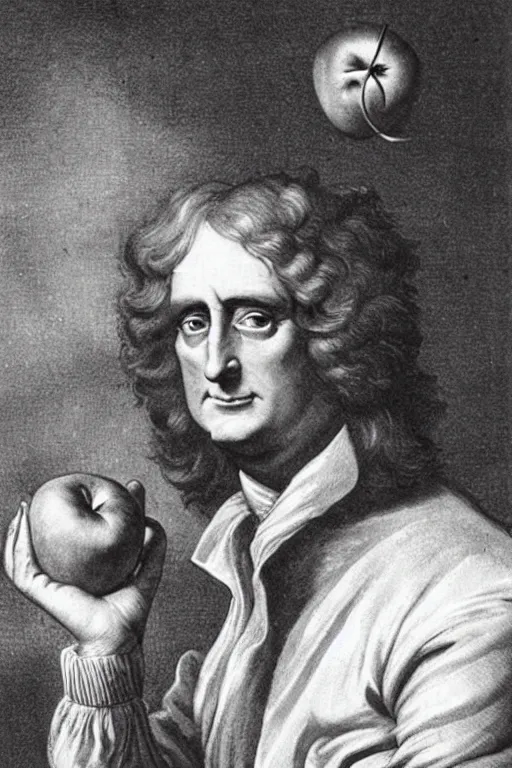 Image similar to isaac newton holding an apple, collage