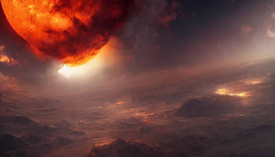 Prompt: Cinematic view of the exploding burning moon, hyperdetailed, artstation, cgsociety, 8k