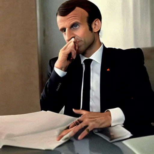 Image similar to Emmanuel Macron enjoying a big cigare, highly realistic details in American Psycho (1999)