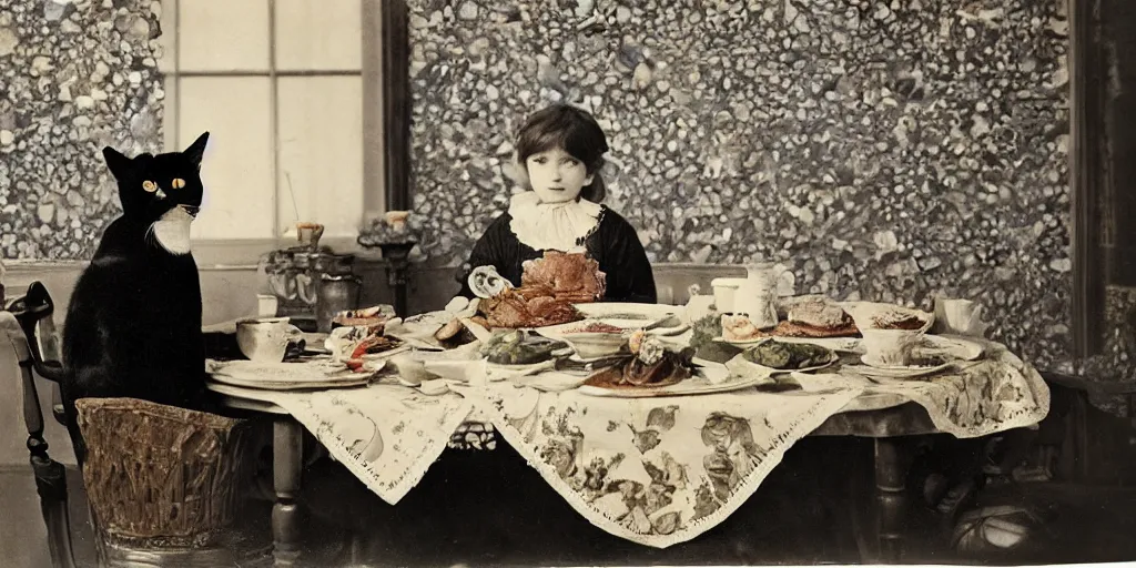 Image similar to a girl has breakfast with her cat at the table filled with food, flowery wallpaper, 1 8 8 0 s style, professional photography