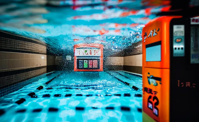 Prompt: photograph of Japanese vending machine submerged in a public pool, one point perspective, 1-point perspective, tilt shift, sigma 85mm f/1.4, 4k, depth of field, high resolution, 4k, 8k, hd, full color