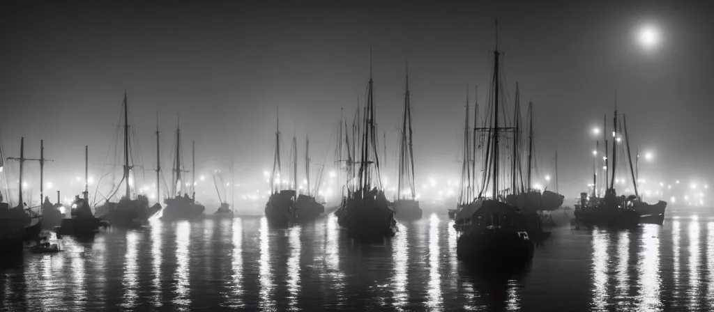 Prompt: cinematic photo of a foggy victorian harbour at night, film, moonlight, street lamps, ships, dark, in the style of rodger deakins and greig fraser and david fincher and denis villeneuve, moody, rim light, beautiful lighting, 8 k, stunning scene, blade runner, dune, seven,