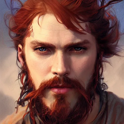 Image similar to portrait of a young rugged pirate, male, masculine, upper body, red hair, long hair, soft hair, D&D, fantasy, intricate, elegant, highly detailed, digital painting, artstation, concept art, matte, sharp focus, illustration, art by Artgerm and Greg Rutkowski and Alphonse Mucha