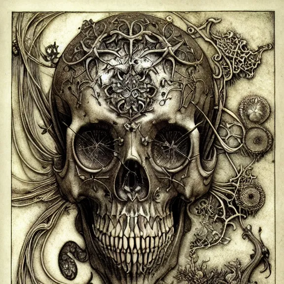 Image similar to memento mori by arthur rackham, art forms of nature by ernst haeckel, exquisitely detailed, art nouveau, gothic, ornately carved beautiful skull dominant, intricately carved antique bone, art nouveau botanicals, ornamental bone carvings, art forms of nature by ernst haeckel, horizontal symmetry, arthur rackham, ernst haeckel, symbolist, visionary