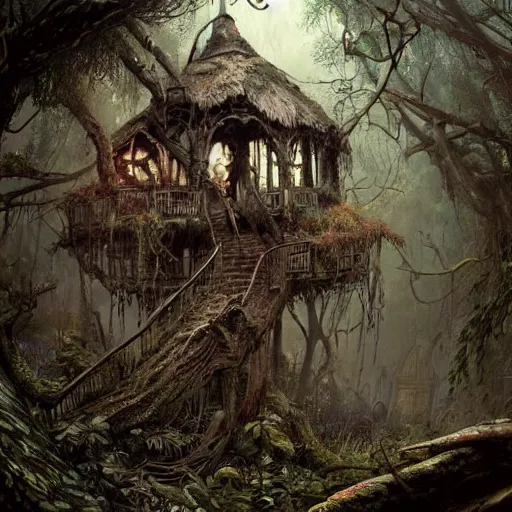 Image similar to dilapidated rotting treehouse, hidden away within the witchwood forest, evil fairies, overgrown, mist, detailed intricate ink illustration, dark atmosphere, detailed illustration, hd, 4k, digital art, overdetailed art, concept art, by greg rutkowski, by loish, complementing colors, Trending on artstation, deviantart