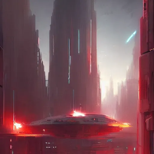 Image similar to star wars concept art by greg rutkowski, a huge metropolis with sharp and elegant buildings, it is night and it feels busy, the buildings are bright, dark and reddish night sky, cinematic lighting, oppressive atmosphere.