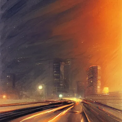 Image similar to a beautiful artwork of a car on a highway at night, by Jerome Opeña, featured on artstation