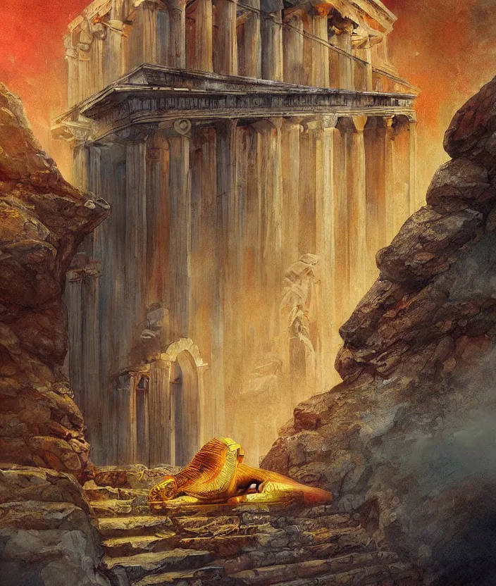 Prompt: a mysterious sphinx guarding a greek temple, fantasy artwork, warm colors, by seb mckinnon