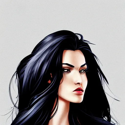 Image similar to a stunning upper body portrait of a beautiful woman with navy blue tinted black hair blowing in the wind by marvel comics, digital art, trending on artstation