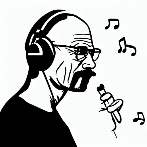 Image similar to a breaking-bad-walter-white, svg sticker, vector art, wearing headphones, jamming to music