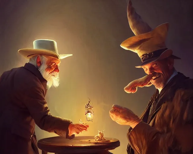 Image similar to an old man magician pulling a rabbit out his hat, deep focus, d & d, fantasy, intricate, elegant, highly detailed, digital painting, artstation, concept art, matte, sharp focus, illustration, hearthstone, art by artgerm and greg rutkowski and alphonse mucha