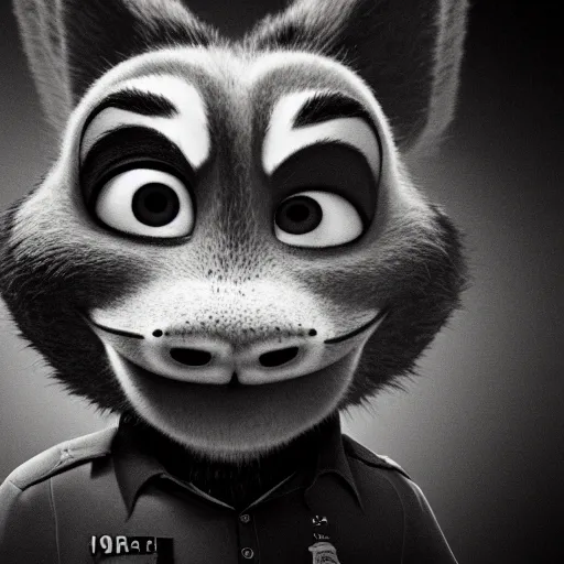 Prompt: Gritty black and white mugshot of Nick from Zootopia