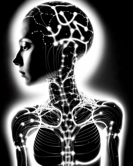 Image similar to black and white cyborg - plant goddess high quality photo, microchip, artificial intelligence, bio - mechanical bio - luminescence, black wired cables, neurons, nerve cells, cinematic, rim light, photo - realistic, high detail, 8 k, masterpiece, high fashion, in the style of steven meisel dora maar h. g. giger