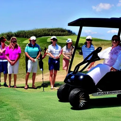 Prompt: golf cart beauty contest held on shorline of beautiful beach